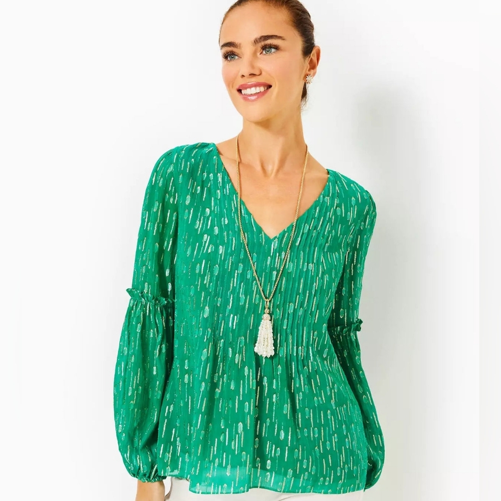 NWT Lilly Pulitzer Cleme Long Sleeve Top In Fiddle Leaf Green
